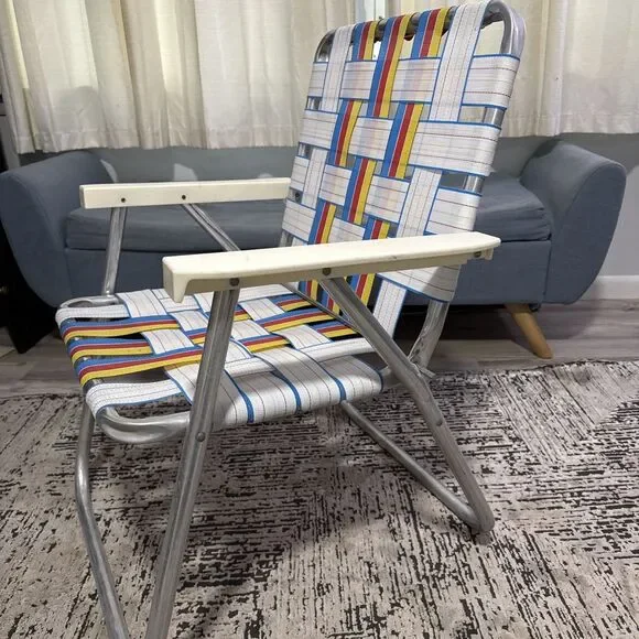 Vintage Rainbow Striped Mesh Web Aluminum Folding Lawn Chair 1970s Sun Terrace - Picture 4 of 13